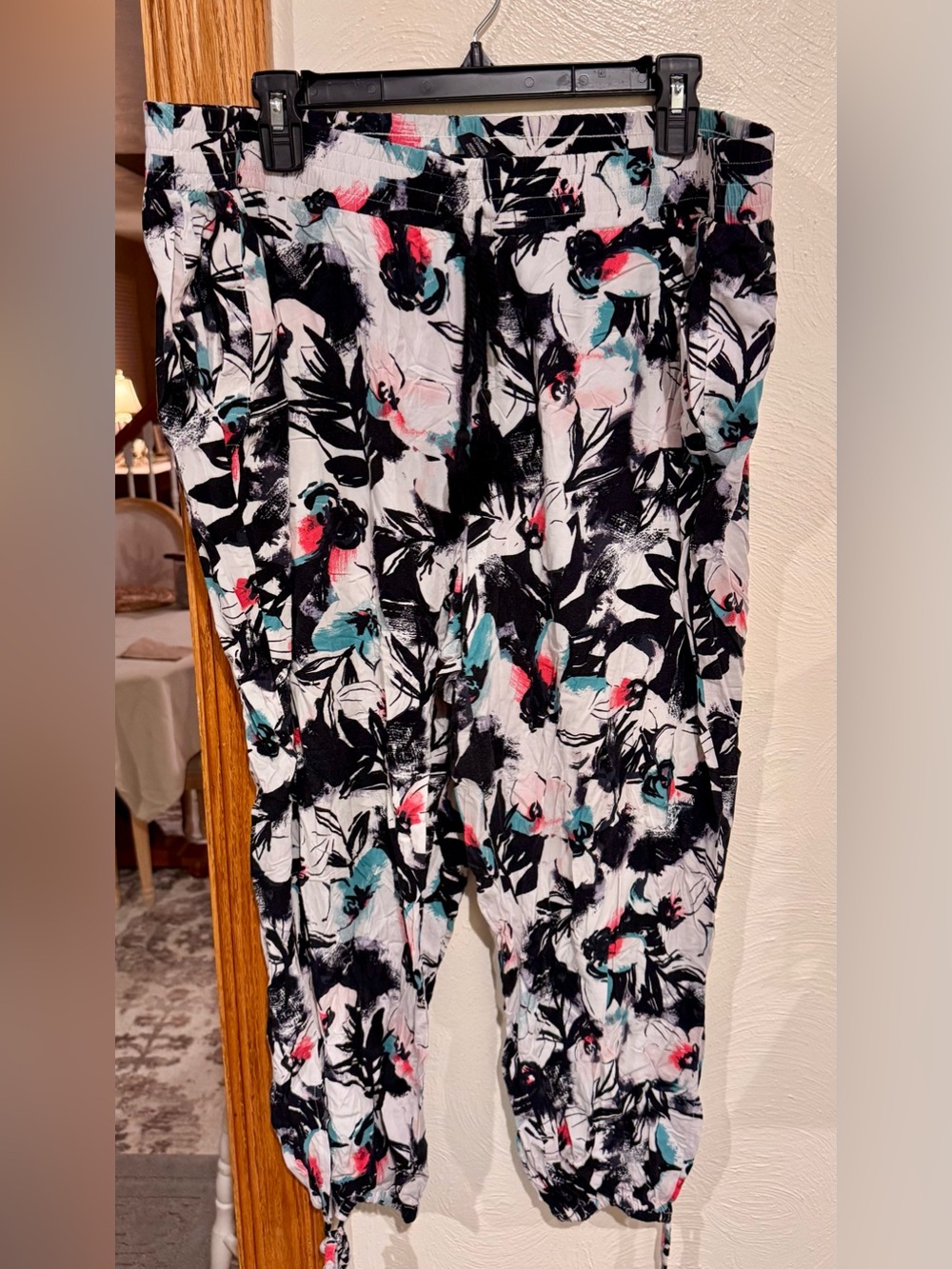 Lane Bryant Black & White Floral Jogger Pants with Pink & Teal Accents